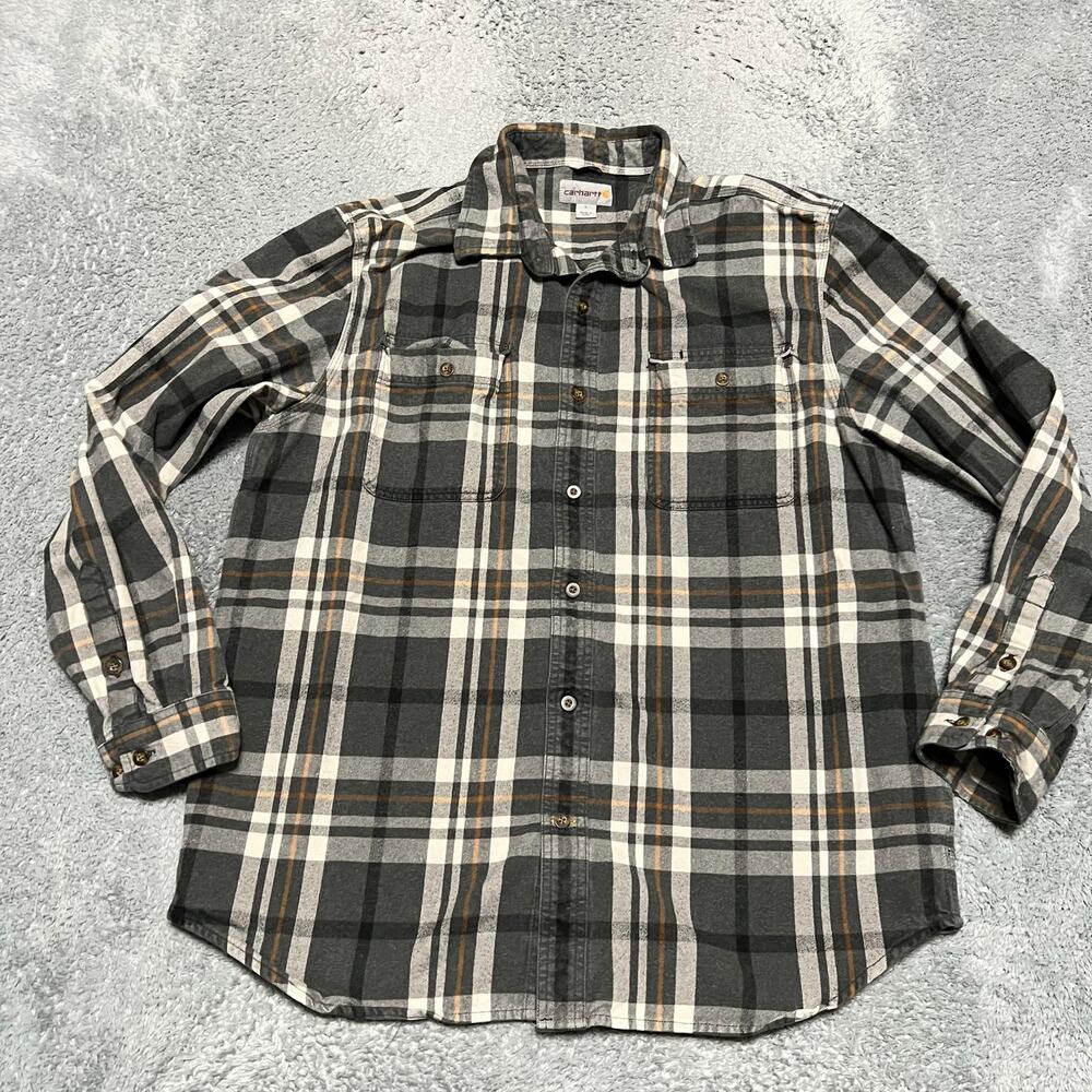 Carhartt Shirt Mens Large Plaid Flannel Button Long Sleeve Gray Work